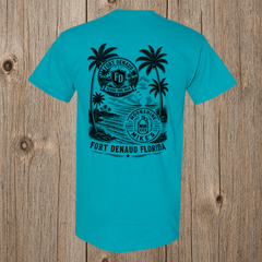 Fort Denaud Beard and Skin turquoise cotton t-shirt with a black tropical logo graphic on the back