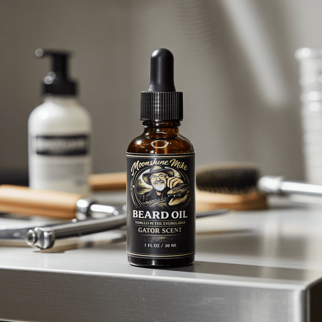 Moonshine Mike's Gator Scent Beard Oil bottle on a countertop with grooming tools.