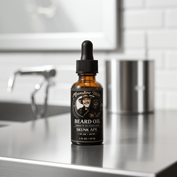 Moonshine Mike's Skunk Ape Beard Oil bottle on a kitchen countertop with modern decor.