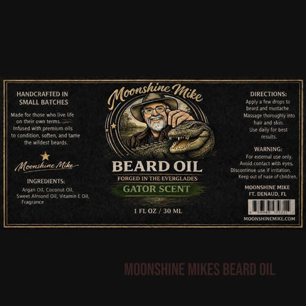 Moonshine Mike's Gator Scent Beard Oil bottle on a countertop with grooming tools.
