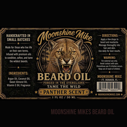 Moonshine Mikes Beard Panther Scent Beard Oil bottle with brushes and grooming tools in a stylish setting.