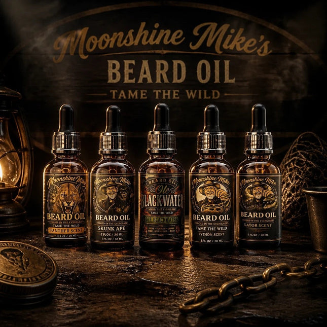 Fort Denaud Beard and Skin Moonshine Mike's beard oil gift set with five dropper bottles in a rustic Everglades theme.