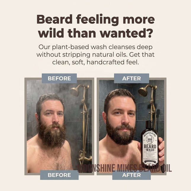 Fort Denaud Beard and Skin Moonshine Mike’s Beard Wash before and after results showing a cleaner, softer beard
