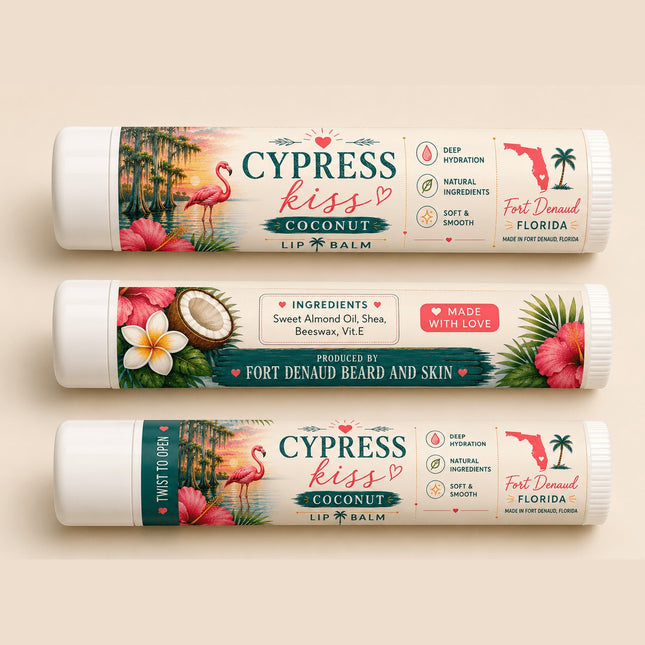 Fort Denaud Beard and Skin Cypress Kiss coconut lip balm tubes featuring tropical flamingo and hibiscus floral art.