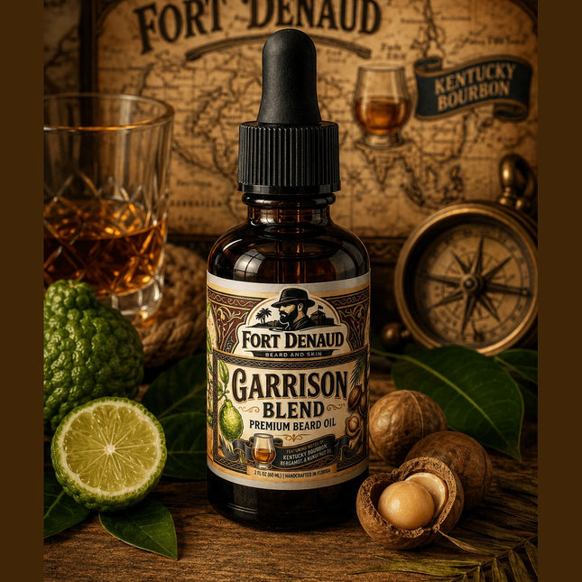 Fort Denaud Beard and Skin Garrison beard oil in a dropper bottle with bergamot, bourbon, and kukui nut accents.