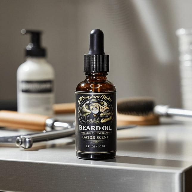 Fort Denaud Beard and Skin Gator Scent beard oil in a 1oz amber dropper bottle on a stainless steel surface.