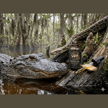 Beard Oil Sample Gator Scent bottle next to an alligator in a lush, wild Everglades setting.