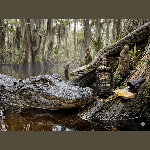 Fort Denaud Beard and Skin Gator Scent beard oil bottle with dropper in a swamp setting with an alligator and snake.