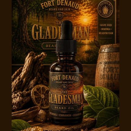 Fort Denaud Beard and Skin Gladesman beard oil in a 1oz amber dropper bottle with rustic Everglades-themed packaging.