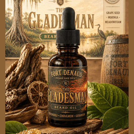 Fort Denaud Beard and Skin Gladesman beard oil in a 1oz amber glass dropper bottle with a rustic, nature-inspired label.