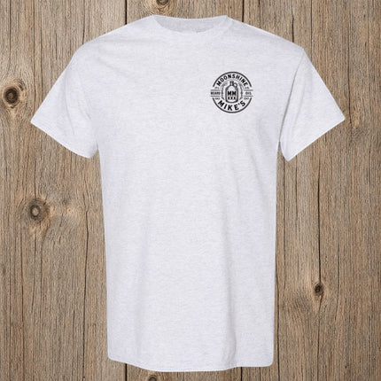 Fort Denaud Beard and Skin grey cotton t-shirt with Moonshine Mike's Beard Oil circular badge graphic on the chest.
