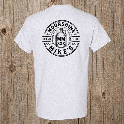 Fort Denaud Beard and Skin grey cotton t-shirt featuring a black Moonshine Mike's Beard Oil badge graphic on the back.