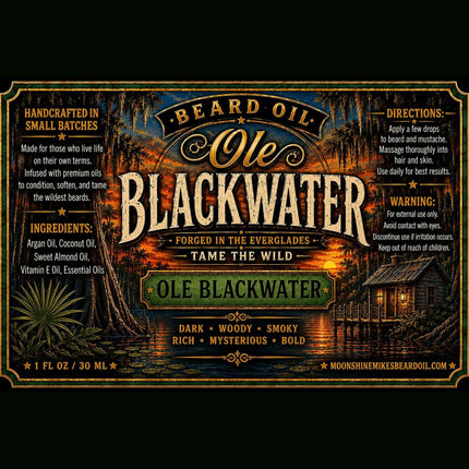 Fort Denaud Beard and Skin Ole Blackwater beard oil label featuring a swamp sunset illustration and product details.