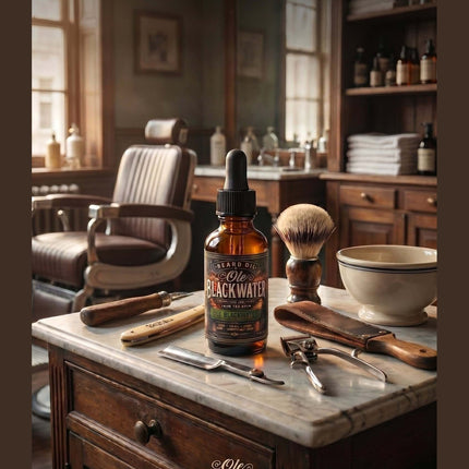 Fort Denaud Beard and Skin Ole Blackwater beard oil in a glass dropper bottle on a vintage barber shop counter.