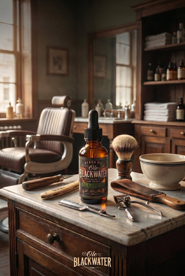 Fort Denaud Beard and Skin Ole Blackwater beard oil in a glass dropper bottle on a vintage barber shop counter.
