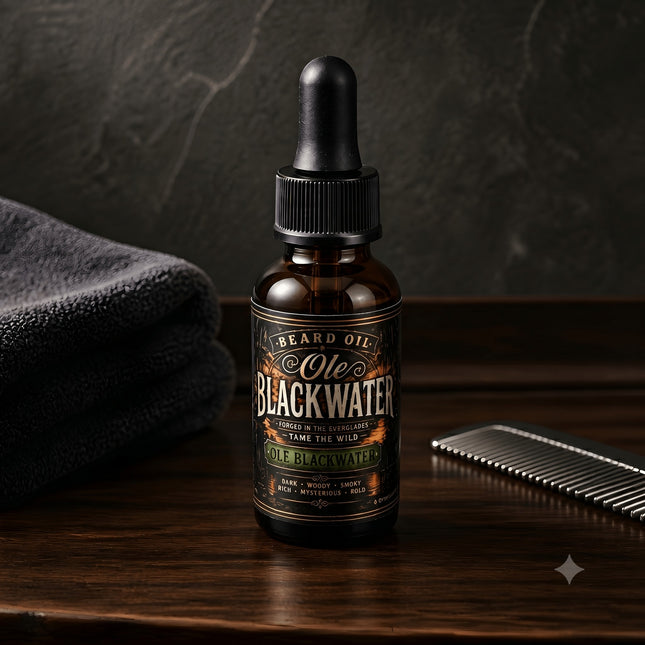 Fort Denaud Beard and Skin Ole Blackwater beard oil in a 1oz amber dropper bottle on a wooden surface with a comb.