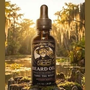 Fort Denaud Beard and Skin Python Scent beard oil in a 1oz dropper bottle, set against a Florida Everglades swamp backdrop.