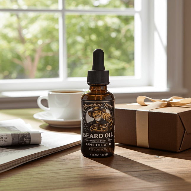 Fort Denaud Beard and Skin Python Scent beard oil in an amber dropper bottle on a wooden table near a window.