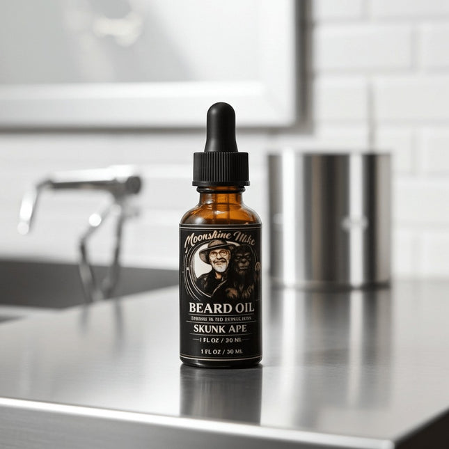 Fort Denaud Beard and Skin Skunk Ape beard oil in a 1oz amber glass dropper bottle on a stainless steel counter.