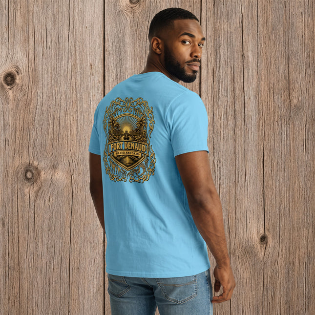 Fort Denaud Beard and Skin sky blue cotton t-shirt with a detailed gold and brown badge graphic on the back