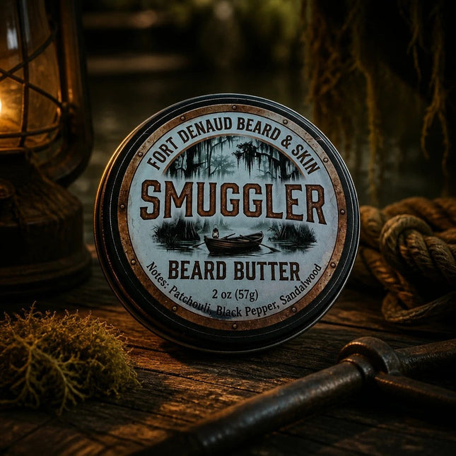 Fort Denaud Beard and Skin Smuggler beard butter in a 2oz tin with rustic swamp-themed label on a wooden table.