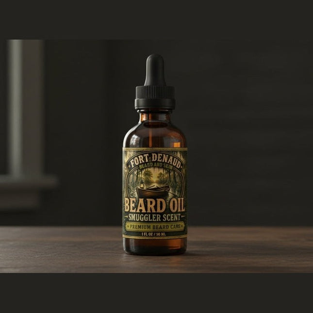 Fort Denaud Beard and Skin Smuggler Scent beard oil in a 1oz amber glass dropper bottle on a wooden surface.