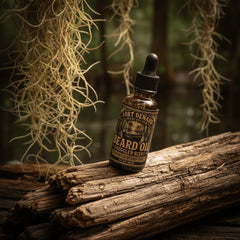 Fort Denaud Beard and Skin Smuggler Scent beard oil in a 1oz dropper bottle resting on a weathered log in the swamp.