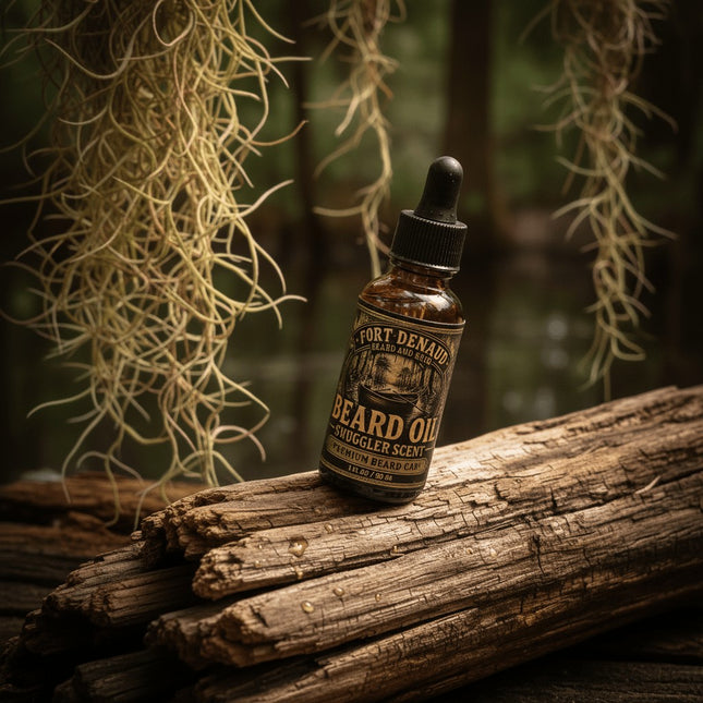 Fort Denaud Beard and Skin Smuggler Scent beard oil in a 1oz dropper bottle resting on a weathered log in the swamp.