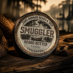 Fort Denaud Beard and Skin Smuggler unscented beard butter in a 2 oz metal tin on a rustic wooden dock.