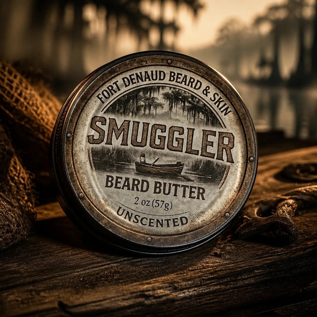 Fort Denaud Beard and Skin Smuggler unscented beard butter in a 2 oz metal tin on a rustic wooden dock.