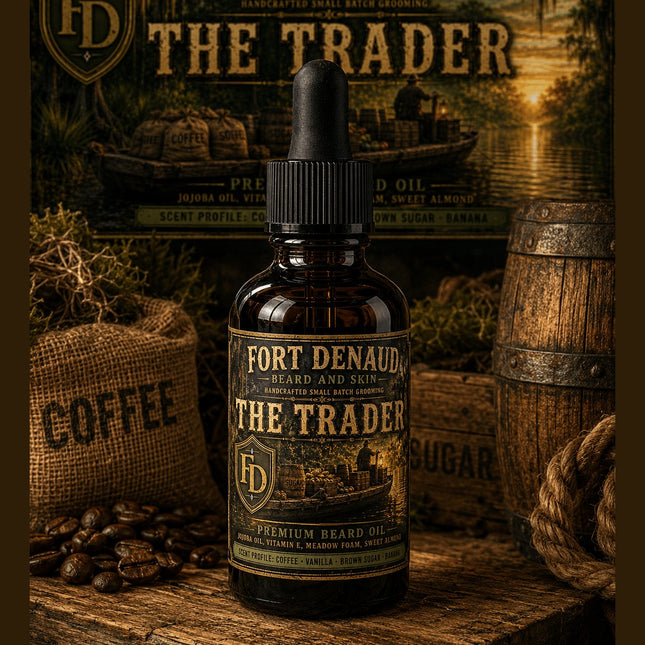 Fort Denaud Beard and Skin The Trader beard oil in an amber glass dropper bottle on a rustic wooden surface.