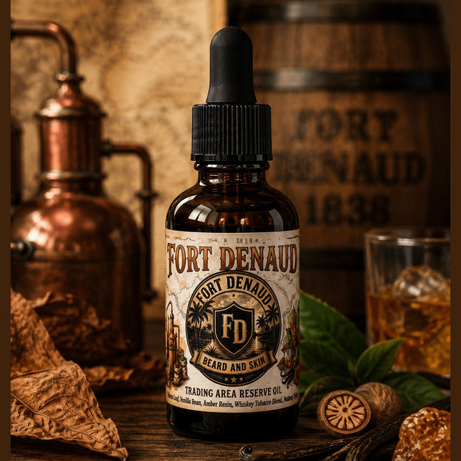 Fort Denaud Beard and Skin Trading Area Reserve beard oil in an amber glass dropper bottle on a rustic wooden table.