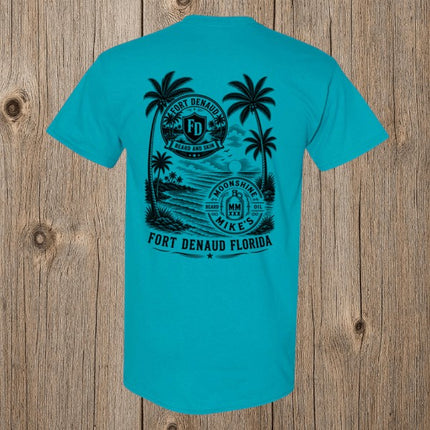 Fort Denaud Beard and Skin turquoise cotton t-shirt with a black tropical logo graphic on the back
