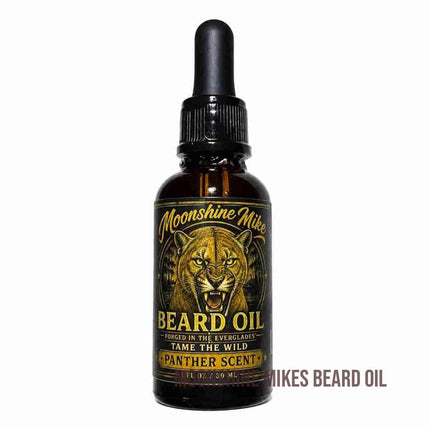 Moonshine Mikes Beard oil bottle featuring Panther Scent for wild grooming.